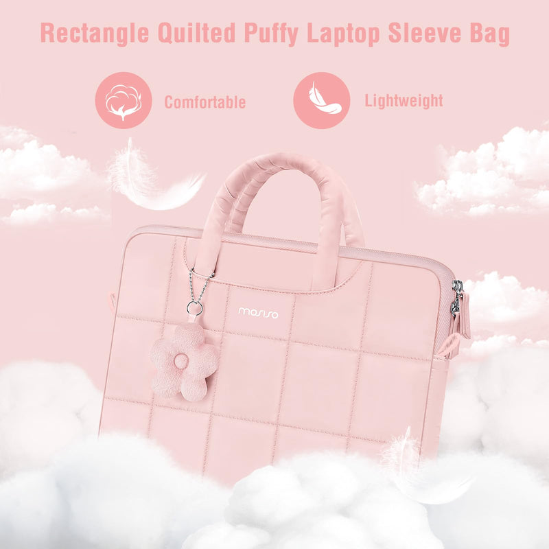 MOSISO Laptop Bag 16 inch, 15-15.6 inch Puffy Laptop Sleeve | Compatible with MacBook Pro 16/Air 15,HP Acer Dell, Messenger Briefcase Quilted Bag with Trolley Sleeve&Flower Pendant, Pink 15.6 inch