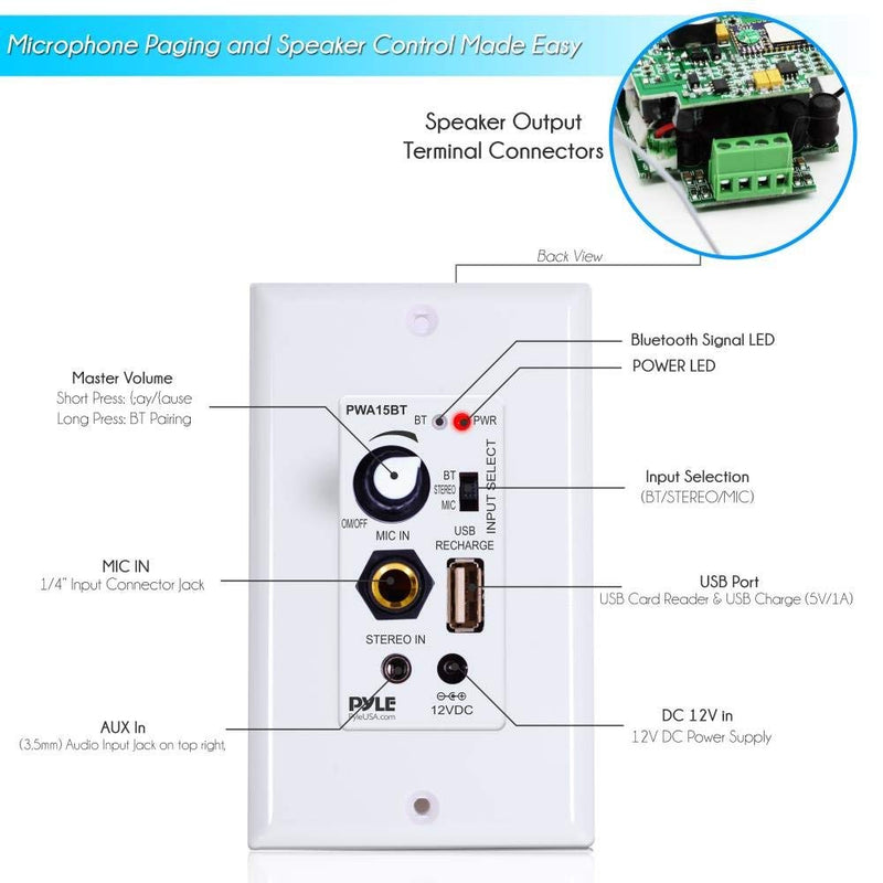 Pyle Wireless BT Receiver Wall Mount - 100W In-Wall Audio Control Receiver w/ Built-in Amplifier, USB/Microphone/Aux (3.5mm) Inputs, Speaker Terminal Block, Connect 2 Speakers, White - Pyle PWA15BT