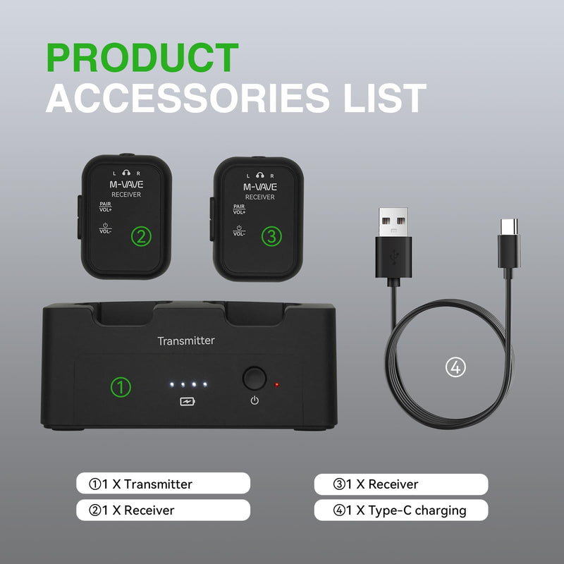M-VAVE 2.4GHz Wireless in-Ear Monitor System Transmitter Receiver Auto-Pairing, 2.4G Stereo IEM System Low Latency in-Ear Guitar Studio Live Performance SWS-12 One to More