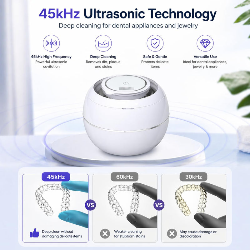 Ultrasonic Retainer Cleaner Machine with 3 Retainer Cleaning Tablets - 45kHz Dental Cleaning Pod with 2 Modes, Deep Cleaning Ultrasonic Cleaner for Dentures, Aligners, Mouth Guards