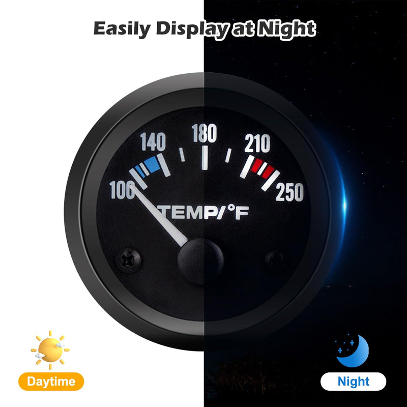 Universal 2"/52mm Water Temperature Gauge 100-250℉ Water Temp Gauge Kit DC12V with LED Light Indicator Display and Sensor for Ship Car Truck Vehicle Automotive Boat Marine (White Pointer) White Pointer
