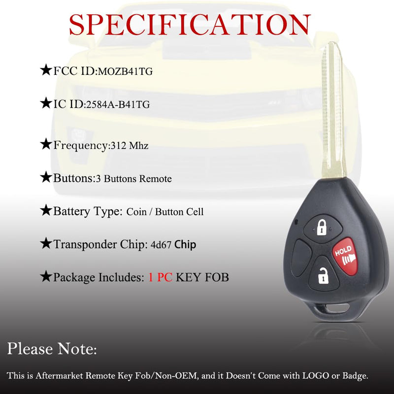 MechanMagic Key Fob Remote Replacement Fits for Toyota Yaris/Scion IQ TC XD (FCC ID:MOZB41TG) 2007 2008 2009 2010 2011 2012 2013 Keyless Entry Remote Control (4D67 Dot Chip)