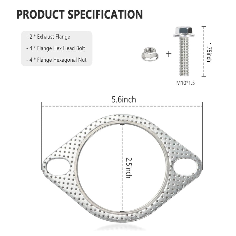 2PCS 2.5" Exhaust Gasket Kit Include 4PCS Exhaust Bolts,2-Bolt Exhaust Flange Gasket for Automotive Replacement Exhaust Manifold Gaskets OEM#120-06310-0002,Premium Car Accessories (2.5inch) 2.5inch