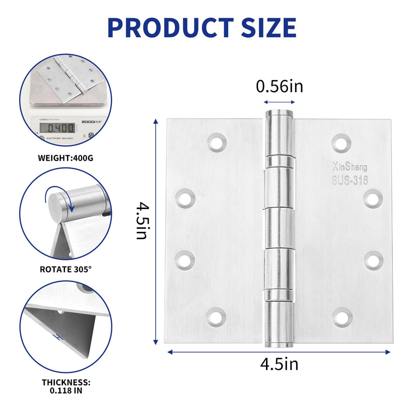 4.5" 316 Marine Grade Door Hinges XINSheng Heavy Duty Exterior 3 Pack | Ball Bearing Design | 220 LBS Capacity | Security Pin | Coastal & High-Salt Resistant | Perfect for Outswing Doors & Gates