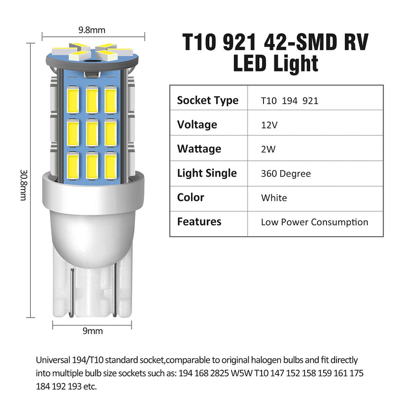 T10 921 194 168 175 LED Bulbs White 20-Packs, Super Bright 3014 42-SMD LED Replacement 12 Volt RV Camper Trailer Boat Trunk Interior Dome Map License Lights, Backup Reverse Lights