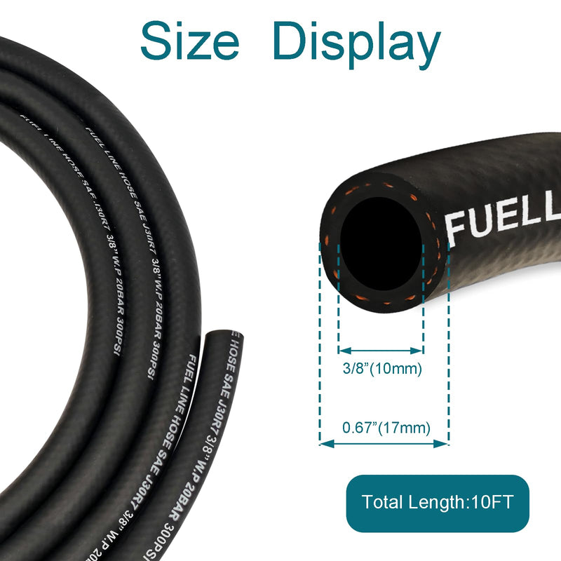 Fuel Line 3/8 Inch ID, Fuel Hose 10FT, J30R7 Fuel Line Hose NBR with 10 Clamps. 3/8" ID 10Ft + 10 Clamps