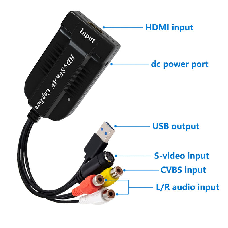 Wiistar USB Video Capture Card HDMI/AV/RCA/S-Video to USB2.0 Audio Video Capture Device 1080P30fsp Hi8, VCR, VHS to Digital Converter for Camcorder DVD PS4 Live Streaming Compatible with Mac Windows
