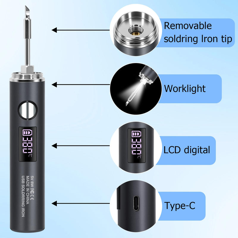 Cordless Soldering Iron, 10-Piece Kit 1400mAh Rechargeable Soldering Iron, 7 Seconds Fast Heating 500°F-788℉, Adjustable Temperature with LED Light for Electric Repairs & DIY Projects