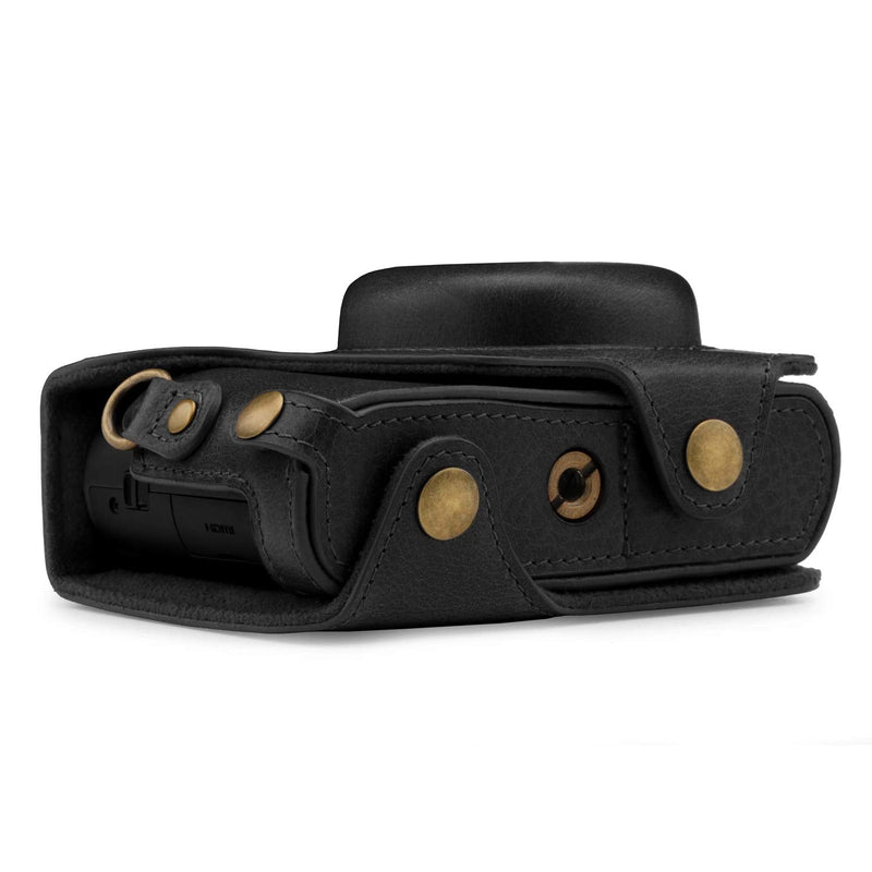 MegaGear Genuine Leather Camera Case Compatible with Panasonic Lumix DMC-ZS100, DC-ZS200 Black