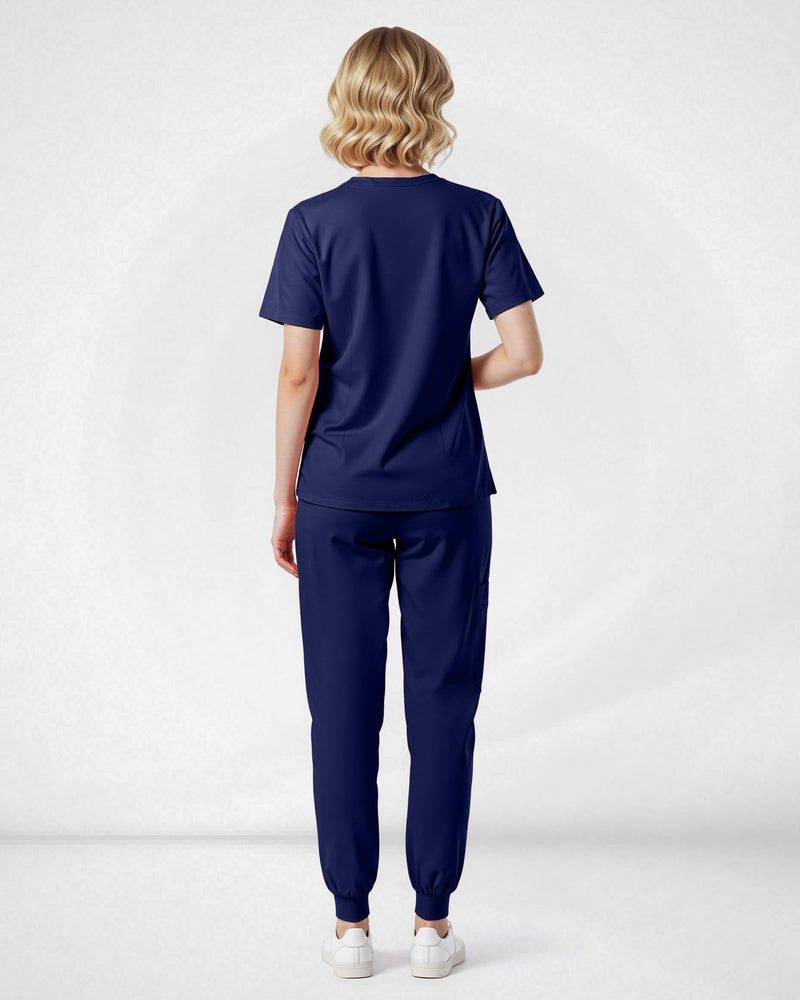 Scrubs for Women Set, Stretchy V-Neck Top & Jogger Pants with Multi-Pocket Yoga Waistband Large Navy Blue