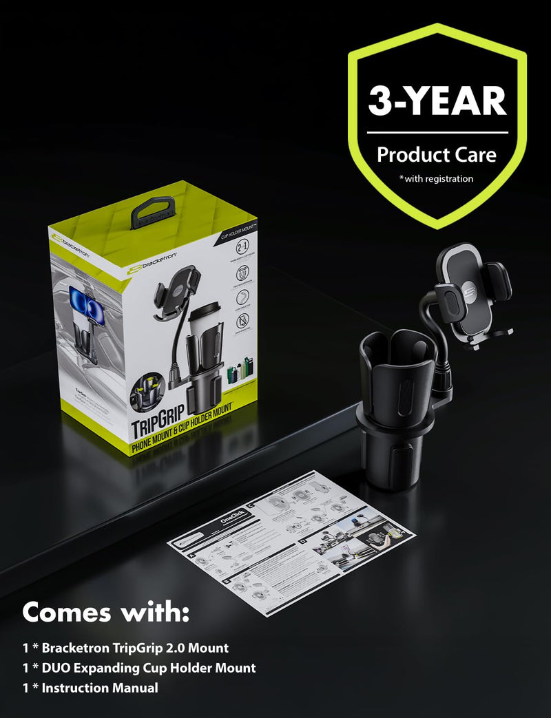 Bracketron TripGrip 2.0 Cup Holder Phone Mount, Metal Gooseneck | TripGrip 2.0 2-in-1 cup holder phone holder with metal arm, one-click release, and expandable base for trucks