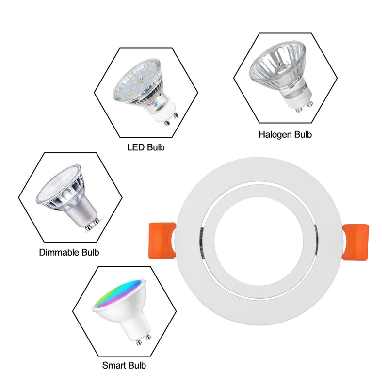Pack of 10 LED Ceiling Light Frame Round Fixture Holders Adjustable Cutout 65mm with MR16 sockets for 1.97in/50mm GU5.3/MR16/GU10 Bulbs (White) white-10pack