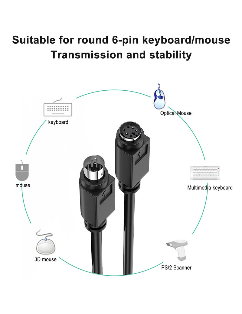 Copper Wires PS/2 Extension Cable, Mini Din 6pin Male to Female Cable for Computer PC Keyboard/Mouse/KVM & More 6ft（ M/F 2M）