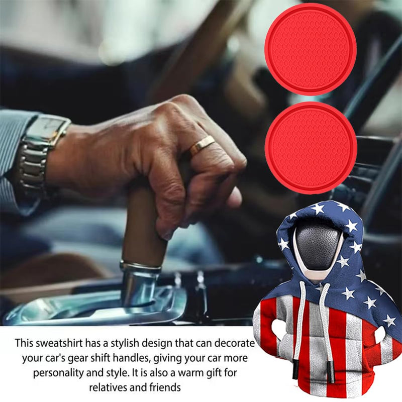 Car Gear Shift Hoodie, Gear Shift Cover Car Cup Coaster Set, Universal Car Shift Knob Hoodie, Mini Hoodie Automotive Interior Cute Gadgets Accessories (US Flag Gear Shift Cover+Red Coaster) Us Flag Gear Shift Cover+red Coaster