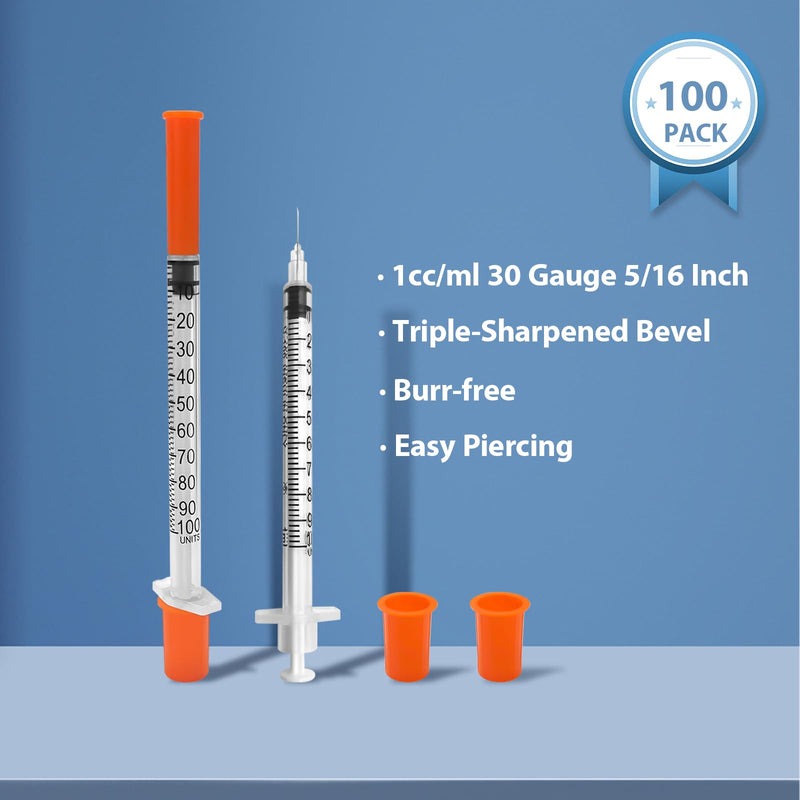 100 Pack U-100 Syringes with Needle, 1ml 30G 5/16" 8mm Syringe, Individually Sealed Packaging 1ml 30G 5/16 inch 100 Pack
