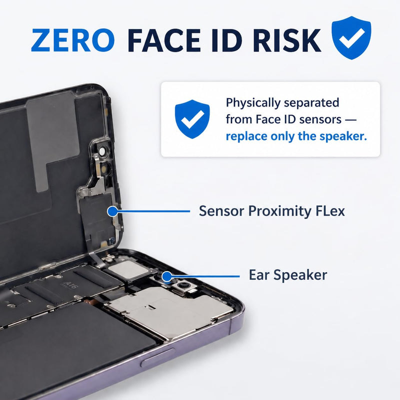 Earpiece Speaker Bundle Kit Compatible with iPhone 14 Pro Max - Snap-in Connector No Soldering - Includes 2X Dust Mesh & 2X Screen Adhesive Seal