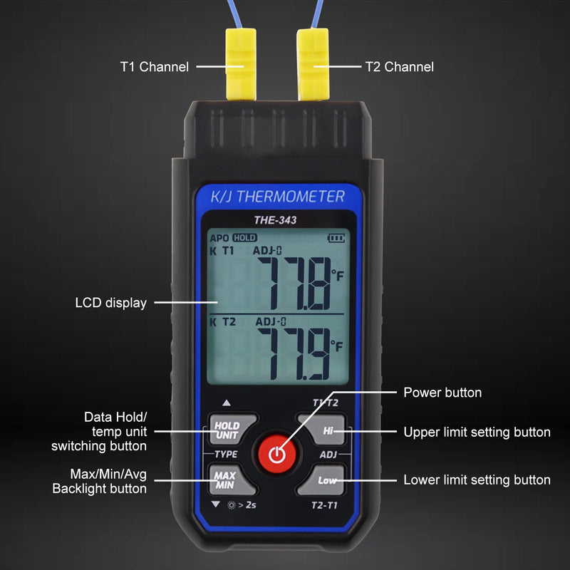 Thermocouple Thermometer Digital K/J Type with 4 K Type Thermocouple, HVAC Thermometer with Alarm & Adj Compensation, Temperature Meter -328°F ~ 2501°F Measuring Range