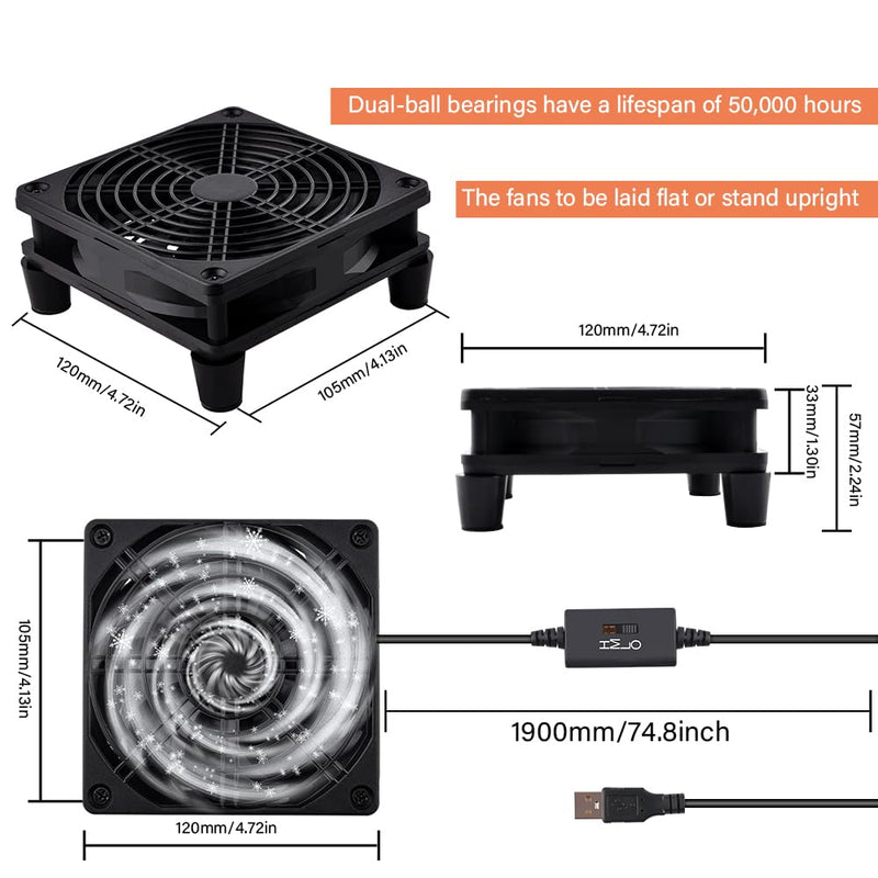 Quiet 120mm Router Fan Cooler with L/M/H 3-Degree Speed Controller, DC 5V USB Powered Cooling Case Fan for Router Modem Receiver DVR PlayStation TV Box 1Pcs 120mm