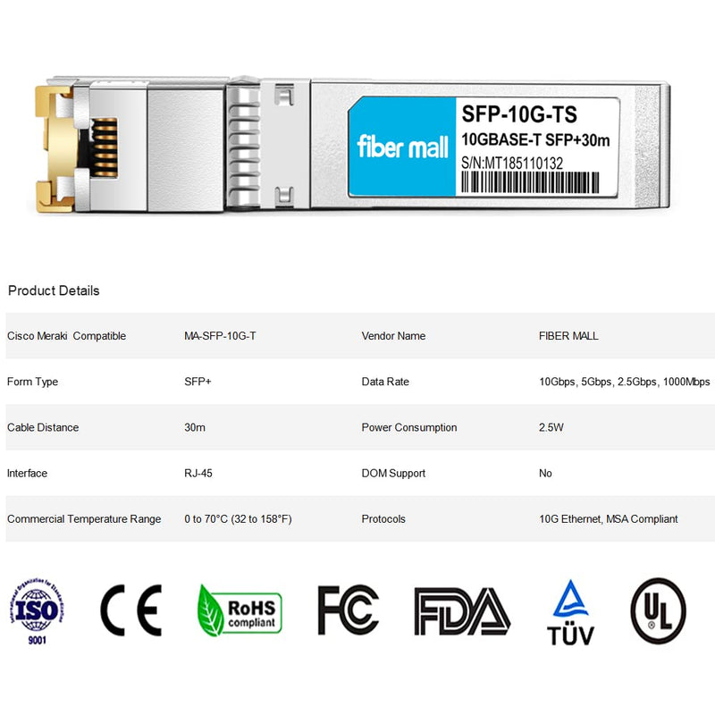 10G SFP+ to RJ45 for Cisco Meraki MA-SFP-10G-T 10GBASE-T SFP+ Copper RJ-45 30m Transceiver Module 10GBase-T: 30m