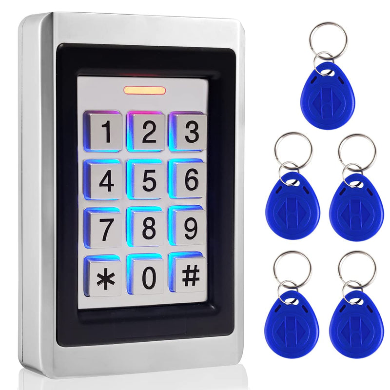 Door Access Control System, Stand Alone Password Door Keypad + 5PCS ID Keyfobs, Support 2000 Users, Wiegand 26, Garage Door/Gate Opener, Weatherproof, Backlight, Zinc Alloy Metal Case