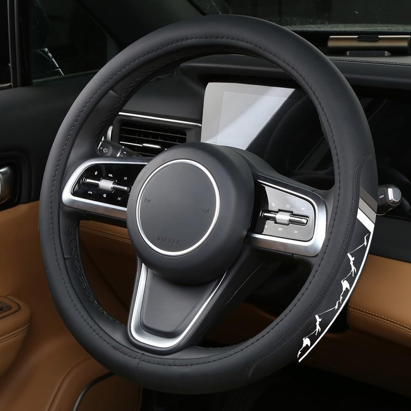 Premium Leather Sport Mountain Steering Wheel Cover 15.5inch for Men Women Compatible with Car Truck SUV Leather-Gray