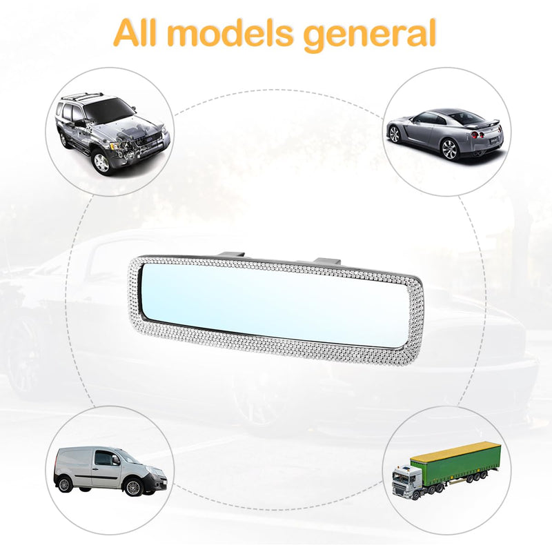 Bling Car Rearview Mirror, Decorations Rear View Mirror with Crystal Rhinestones & Diamonds, Car Interior Trim Accessories, Clip-on & HD Glass, Sparkly Gift for Mother Women Girls (Silver) Silver