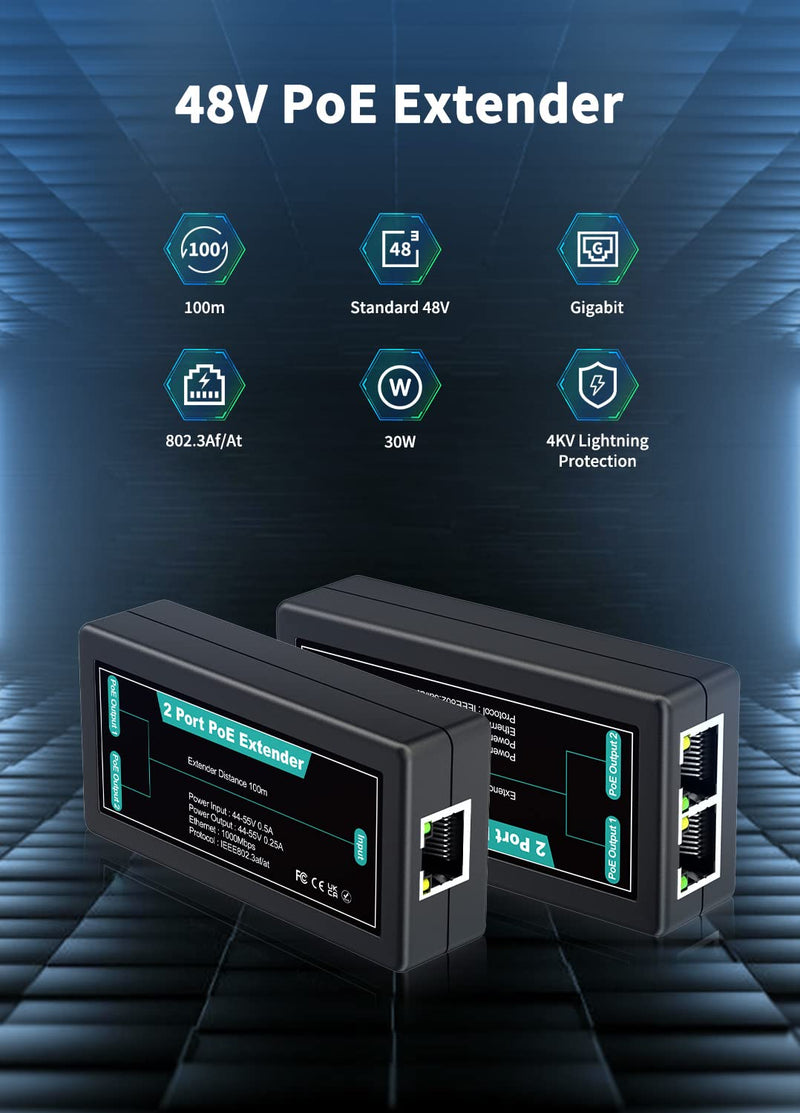 1 in 2 Out Gigabit PoE Extender, NICGIGA 2 Port PoE Repeater 100 Meters(328 ft),IEEE 802.3af/at Power Over Ethernet PoE Splitter to 2 PoE Devices Like IP Cameras, IP Phone, Wireless AP 3 Port | 2* 1000Mbps Out PoE