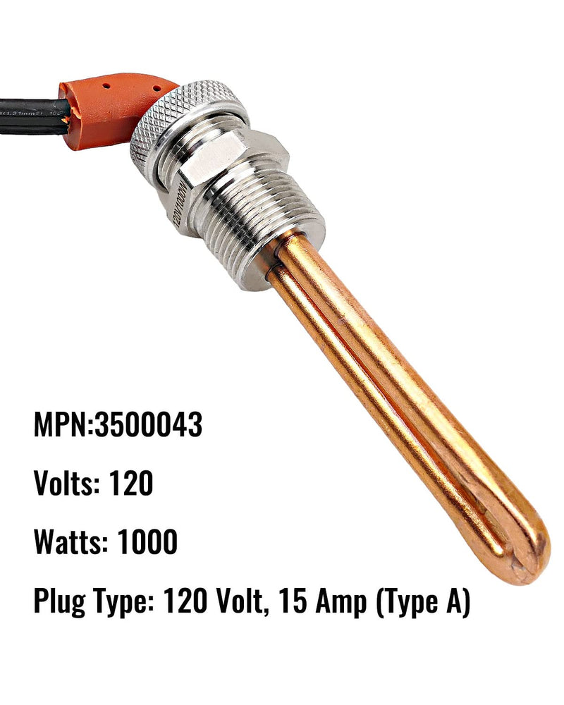 Engine Block Heater Replace 3500043 Fit for Ford Mercury Lincoln International Caterpillar Detroit Diesel Hino Mack Nissan, 3/4" NPT Thread 120 Volts 1000 Watts