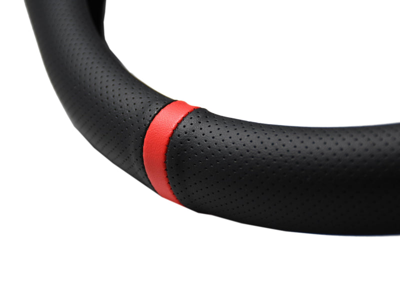 Quick Install Sporty Perforated Nappa Leather Steering Wheel Cover with Red Circular Stripe Trim Universal fit Any 14½ to 15 inches Car Pickup SUV 14.5 to 15 inches SW Black+Top Red Circle