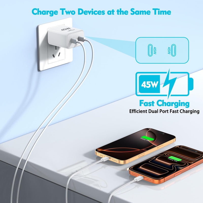 Apple 17e Fast Charging Block,[Apple MFi Certified]45W Dual Port iPhone Charger Fast Charging Plug & 4 Pack 60W USB C Cable Cord[3/6/6/10FT]for iPhone 17/17 Pro/17 Air/16/16 e/16 Pro/16 Plus/15/15 Pro Whitte
