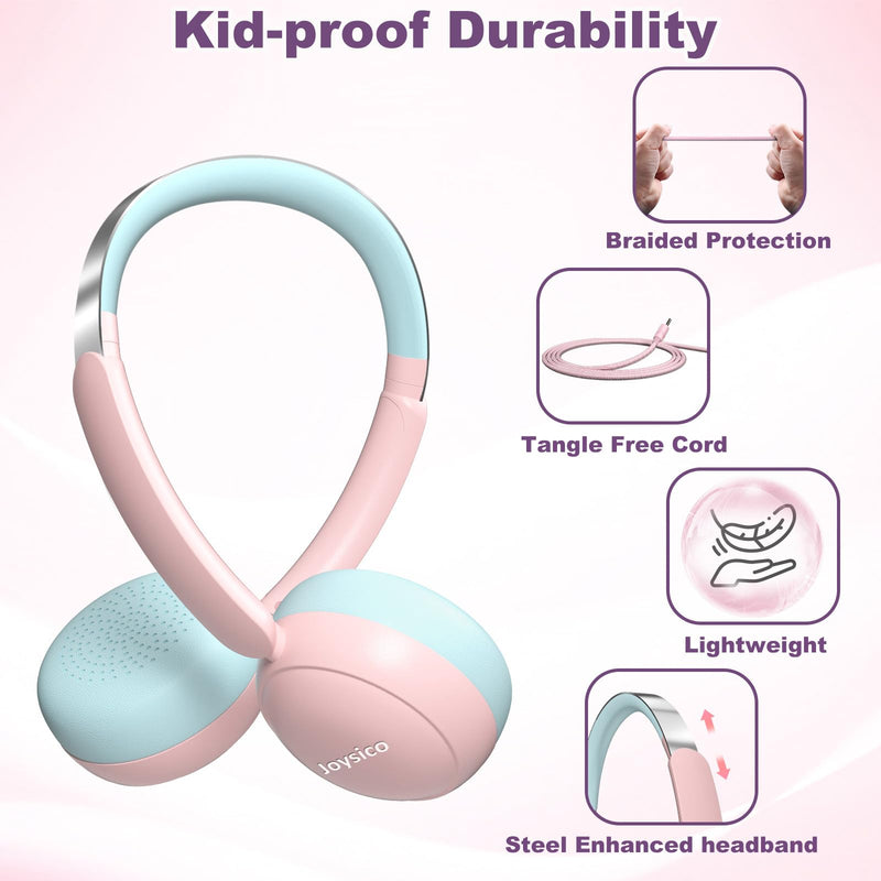Kids Headphones with Cord and Mic for School Class Airplane Travel, Pink | 85/94dB Volume Limit, Wired Durable Comfortable On Ear Earphones, Headset for iPad Tablet Kindle Laptop PC, Boys Girls Teens