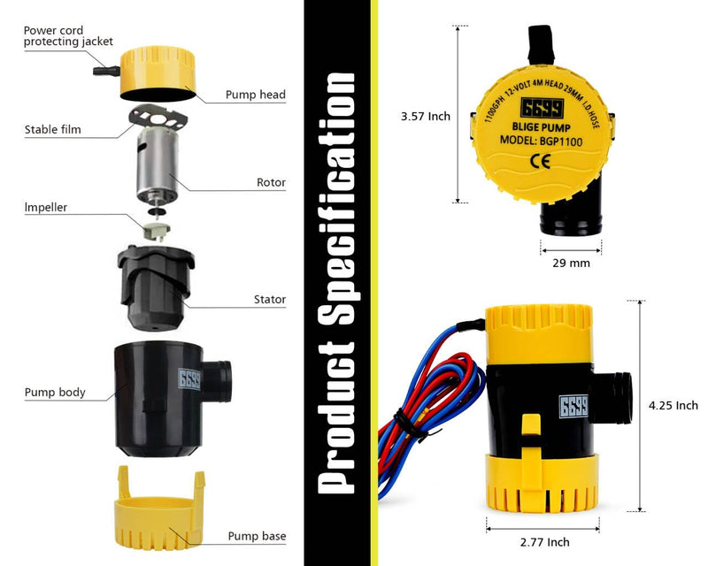 Submersible Boat Bilge Pump 12V DC with 3.3ft Power Cord 11000 GPH High Flow for Marine Yacht Kayak Canoe and Small Boats Efficient Water Removal System with Durable Design and Easy Installation