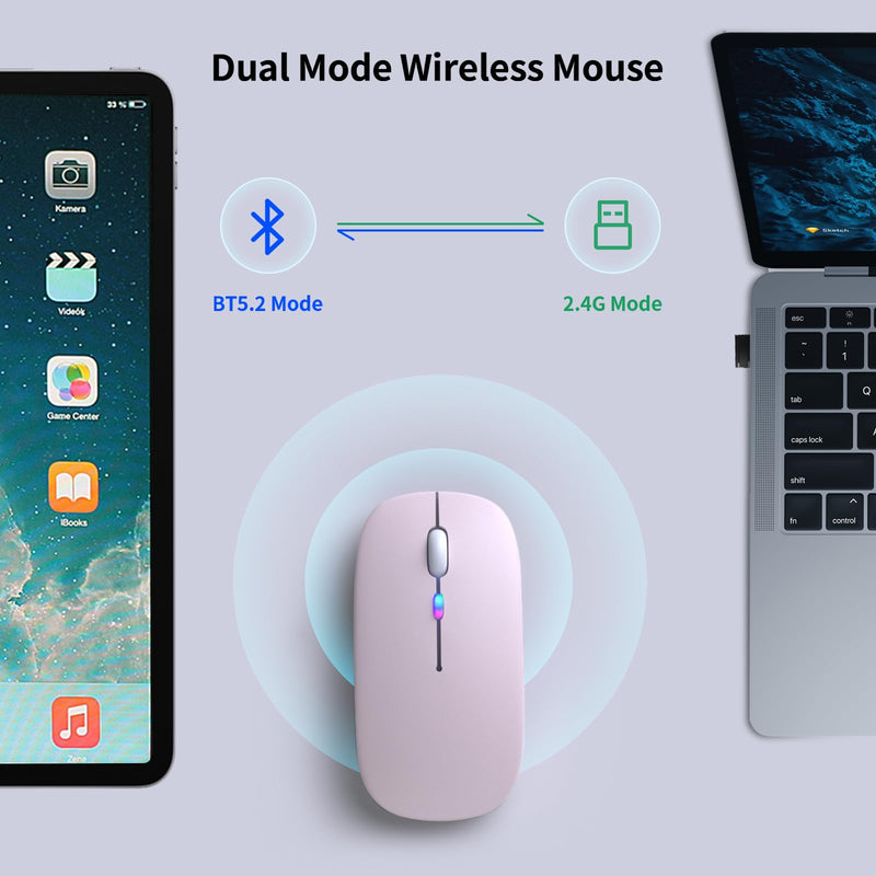 Wireless Bluetooth Mouse, Rechargeable LED Dual Mode Mouse (Bluetooth 5.2 and USB Receiver) Portable Silent Mouse,for Laptop/Desktop/Tablet(Pink) Pink