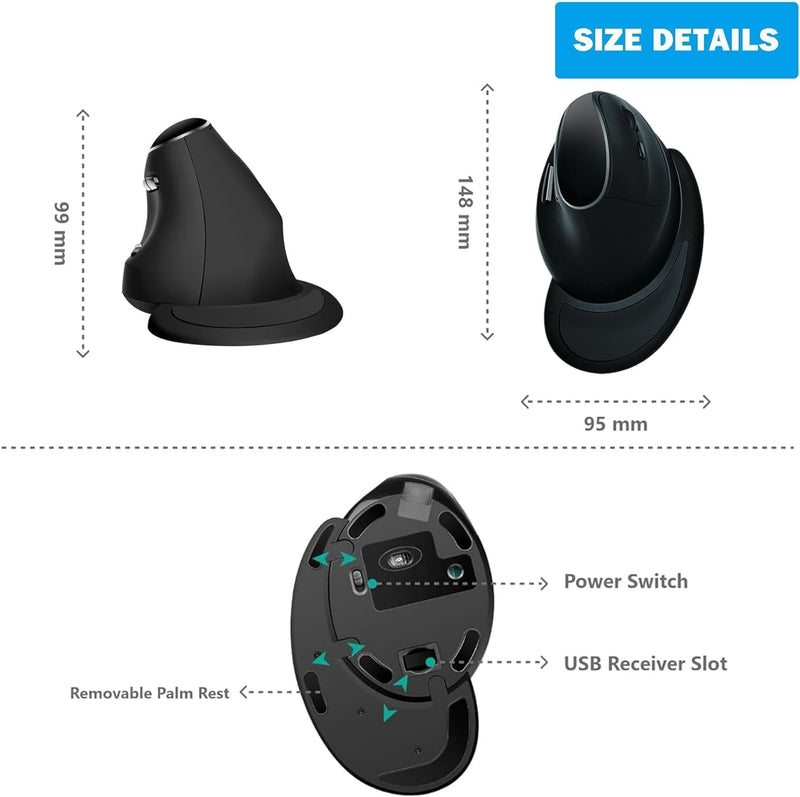 Ergonomic Vertical Mouse: 2.4G Bluetooth Dual Mode Optical Computer Mice,Wireless Rechargeable Mouse with Removable Palm Rest,Compatible with Windows and MAC OS BLACK-DUAL MODE