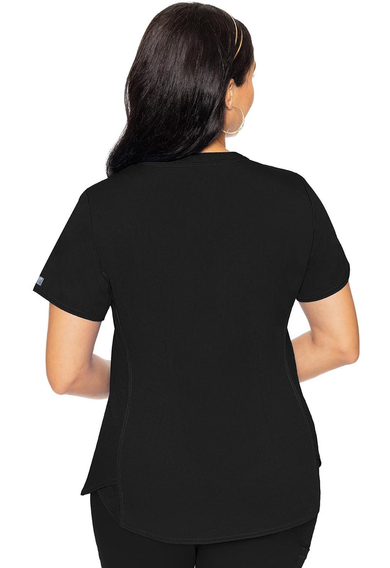 Med Couture V-Neck Scrub Top for Women with 4 Pockets, Rib-Knit Side Panel, and Shirttail Hem MC7459 Medium Black