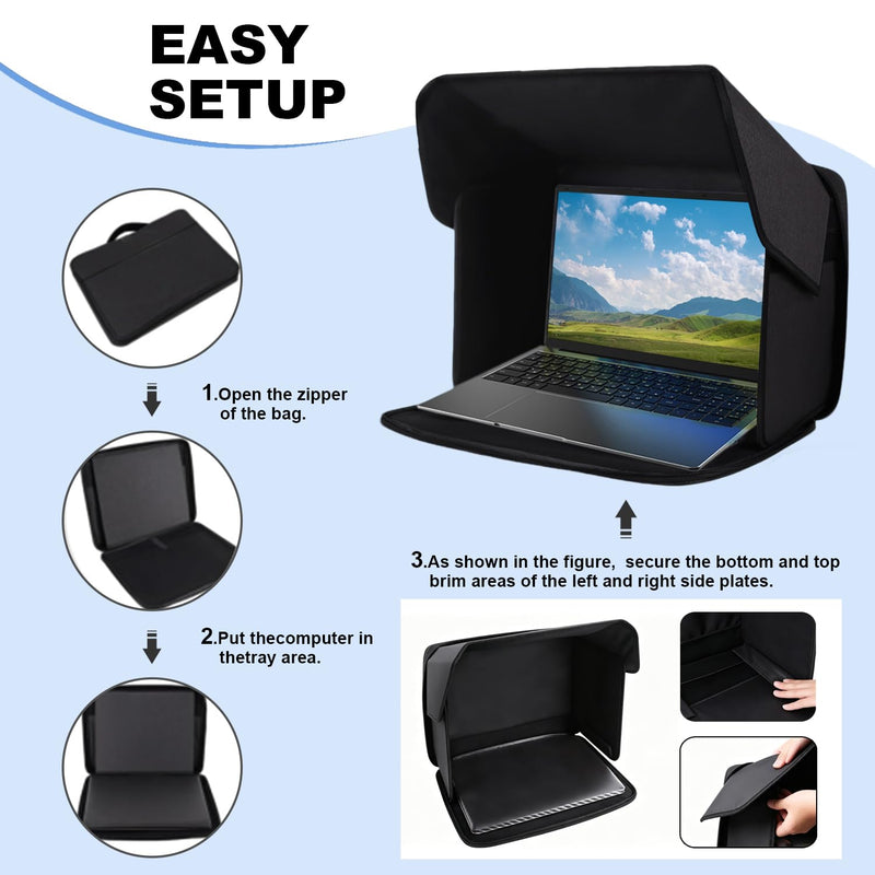 4-in-1 Laptop Sun Shade Hood,Screen Privacy Cover – Sun, Anti-Glare, Heat & Contrast Protection,Fits 13-17" Laptops, Freestanding with Pocket,Fits Working Outside,Travel, Beach Black 13in-17in