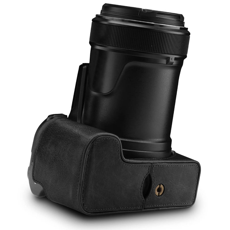 MegaGear Leather Camera Half Case & Strap Compatible with Nikon COOLPIX P1000, Ever Ready - Black