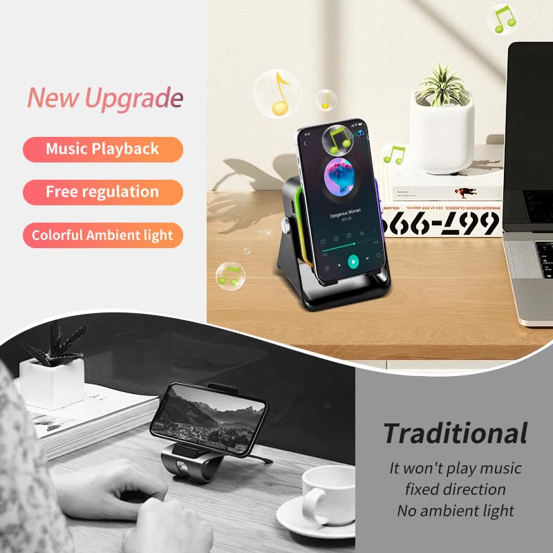 Wireless Induction Speaker 5-in-1 Bluetooth Speaker with Phone Holder, Surround Sound, 3500mAh, 8 RGB Ambient Lights, 360° Adjustable Stand, Holder for iPhone/Android/iPad Gifts for Men Women (Black) Black