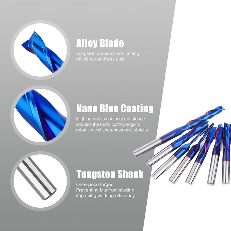 1/4" Cut, 2-Flute Compression Router Bit, 1/4" Shank, 2" Extra Long Cut Length (4" OAL), Blue Nano Coated Solid Carbide Up-Down Spiral for CNC Plywood, MDF 1/4" Extra long (1 pc) Compression Cut