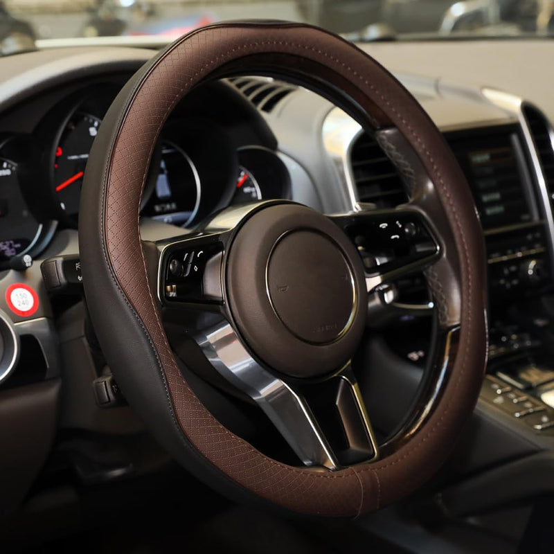  [AUSTRALIA] - Gomass Car Steering Wheel Cover, Anti-Slip, Safety, Soft, Breathable, Heavy Duty, Thick, Full Surround, Sports Style (Black Brown) Black And Brown