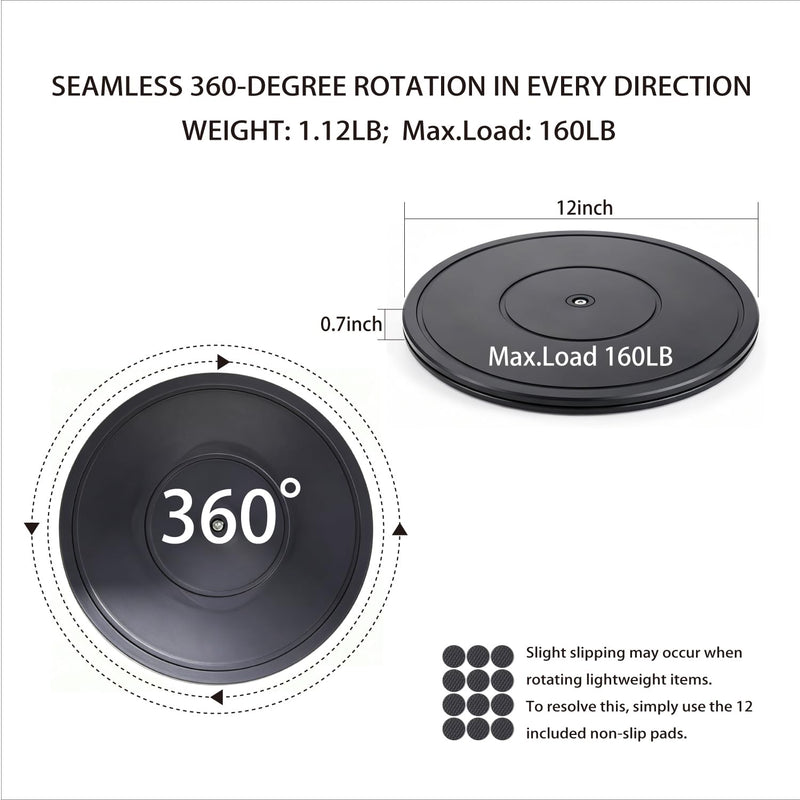 Upgraded 12 Inch 360° Lazy Susan Rotating Turntable Stand | Smooth rotation & heavy load capacity, equipped with 12 non-slip pads; ideal for monitor, laptop, plant, model, fish tank 12inch