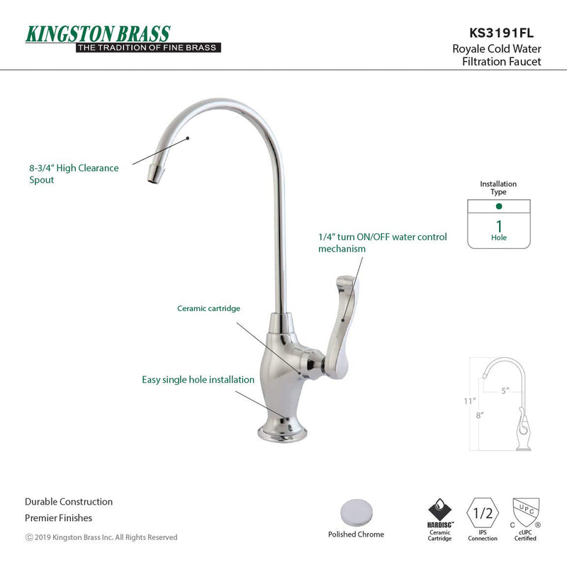 Kingston Brass Gourmetier KS3191FL Royale Single Handle Water Filtration Faucet with 4-3/4-Inch Spout Reach, Polished Chrome
