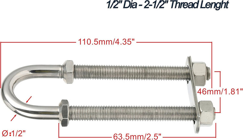 Amarine Made Pair of Stainless Steel Marine Boat Stern Bow Eye Tie Down U Bolt (Silver, 1/2" Dia - 2-1/2" Thread Lenght)