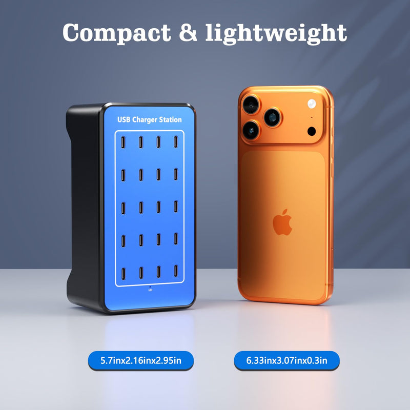 USB C Charging Station, USB C Charger Block for iPhone, Android, Smartphone, Tablet, Samsung, AirPods, and Smart Watch Multiple Devices, 20-Port 100W Multi Port Desktop Charger Blue-20 port