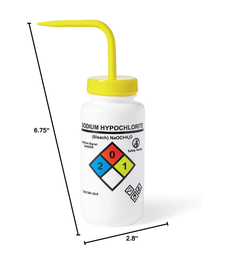 United Scientific™ UniSafe™ Laboratory Grade Wide Mouth LDPE Vented Chemical Wash Bottle, Sodium Hypochlorite, 500mL (16oz), 4-Color, Pack of 6