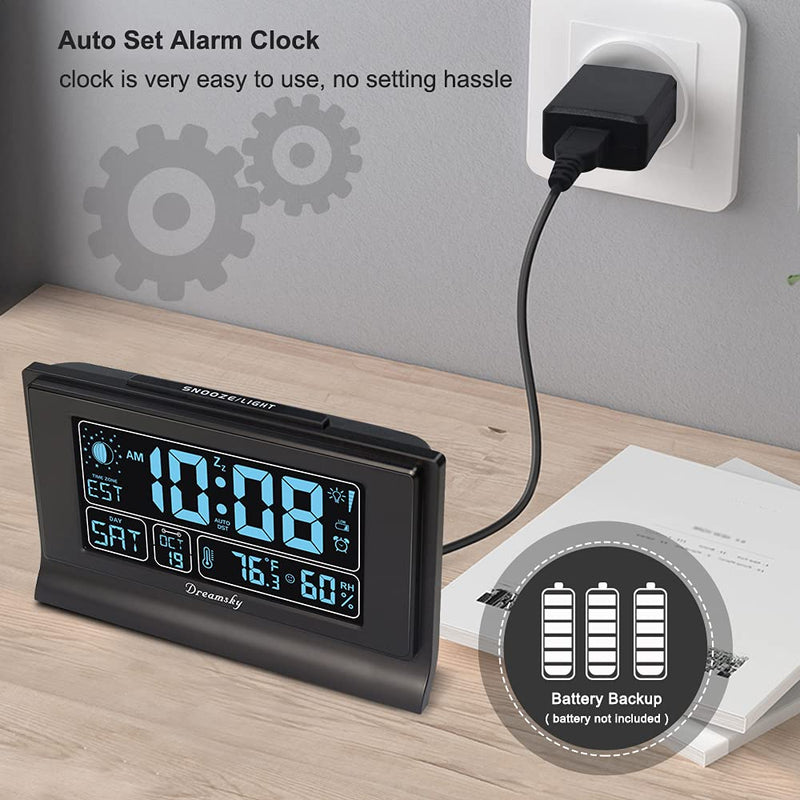 DreamSky Alarm Clocks for Bedrooms with Battery Backup, Auto Set Digital Clock with Date and Day of Week, Indoor Temperature Humidity, Moon Phase, Dimmer, Auto DST, USB Port Black-humidity & Moon Phase