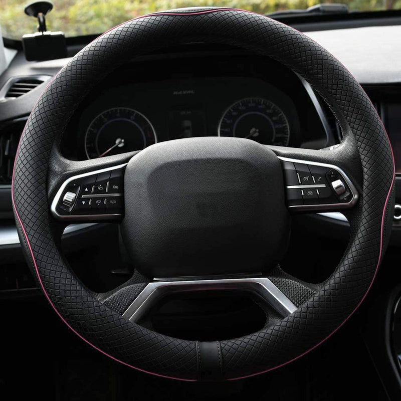 Rueesh Microfiber Leather Steering Wheel Cover Anti-Slip Matte Finish Auto Car Wheel Cover Universal 15 Inch Wheel Cover for Car Embossing Pattern (Pink Line) M (14.5"-15" Diameter) Pink Line
