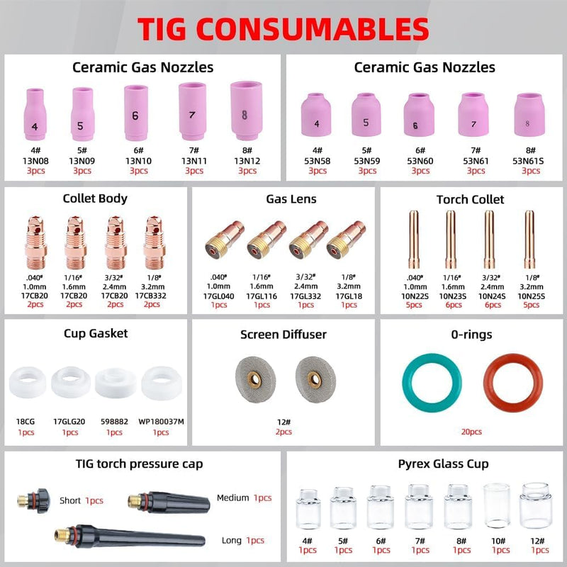 100 Pcs TIG Welding Torch Kit Consumables for WP-17/18/26, Includes Alumina Nozzles, Stubby Gas Lens, Collets, Glass Cup for Arc Welder Accessories Set 100pcs