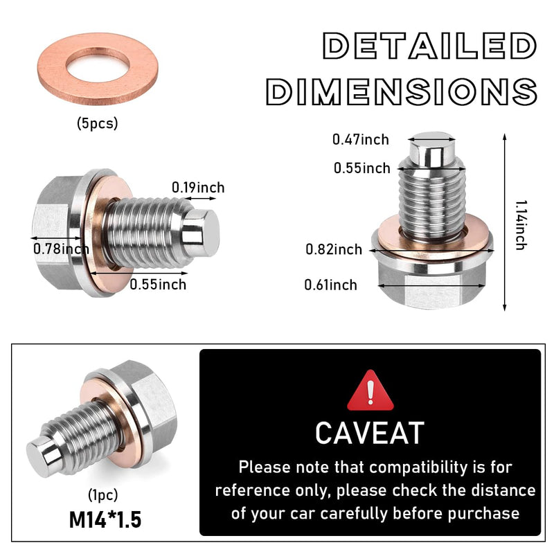 M14×1.5 Magnetic Oil Drain Plug, Aluminum Stainless Steel Sump Drain Nut Bolt with 5 Copper Crush Washer, Universal Leak-proof Replacement Car Accessories for Most Vehicles M14×1.5