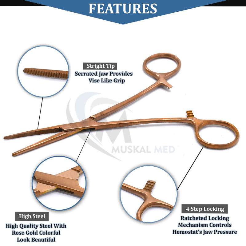 Set of 2 Curved & Straight 6.25" Hemostat Set (Rose Gold) - Stainless Steel Locking Tweezer Clamps - Ideal Hemostats for Nurses, Fishing Forceps, Crafts and Hobby